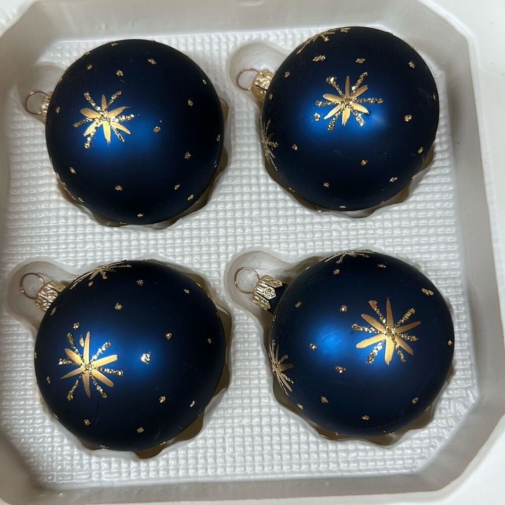 Vintage Sears “Celebrate the Season” Blue Star Glass Ornaments Gold Crown Accent